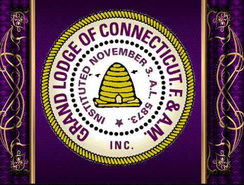 Seal of the Greater Connecticut F. & A.M. Lodge, with a beehive emblem, surrounded by purple and gold decorative borders.