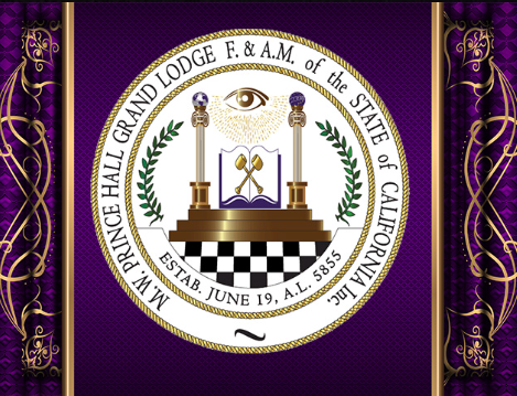 Seal of the Prince Hall Masonic Grand Lodge of California on a purple background with gold decorative borders.