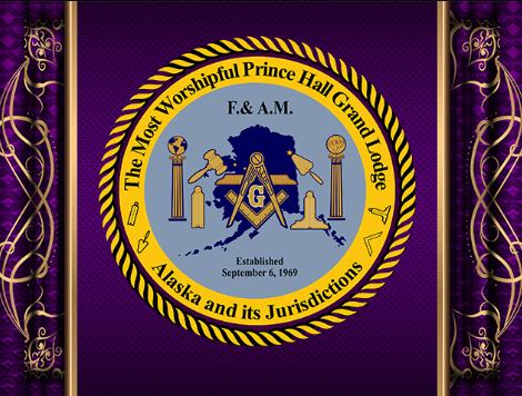 Seal of the Worshipful Prince Hall Grand Lodge of Alaska, established September 6, 1969, with Masonic symbols and a purple background with gold decorative borders.