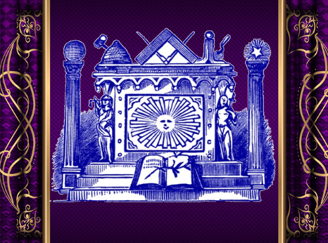 Illustration of a mystical altar with a sun face, surrounded by symbols of magic and astrology, framed with ornate purple curtains.