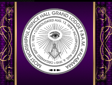 Masonic emblem featuring an eye within a triangle, surrounded by rays, set against a purple background with ornate gold and purple border.