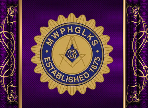 Masonic emblem with a gold medallion featuring a compass, square, and the letter G, surrounded by a circular text that reads 'MWPHGLKS Established 1875' on a purple background with gold and purple decorative borders.