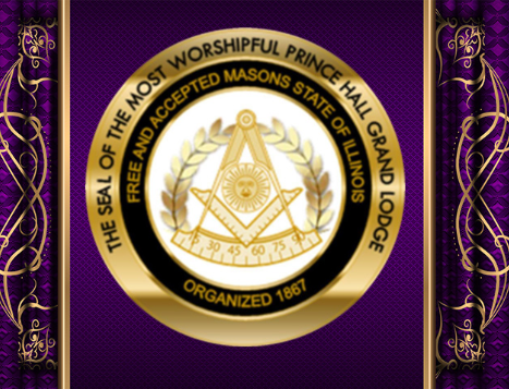 Seal of the Most Worshipful Prince Hall Grand Lodge, Illinois, featuring a gold compass and square with a sun and eye symbol, surrounded by a laurel wreath, on a purple background with decorative gold and purple borders.