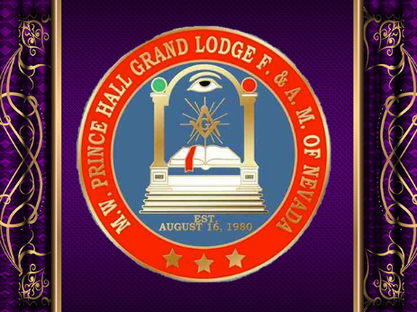 Seal of the Prince Hall Grand Lodge F. & A. M. of Nevada, established August 16, 1980, with Masonic symbols and a purple decorative background.