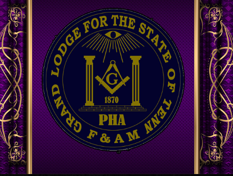 Lodge emblem with purple background, gold decorative borders, and a circular seal reading 'Grand Lodge for the State of F and AM of PHA 1870' with Masonic symbols.