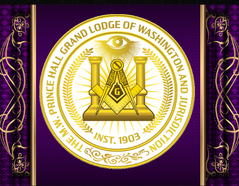 The emblem of the Prince Hall Grand Lodge of Washington and Jurisdiction features a gold Masonic square and compass with a letter G, an all-seeing eye, and laurel branches, set against a purple and gold background.