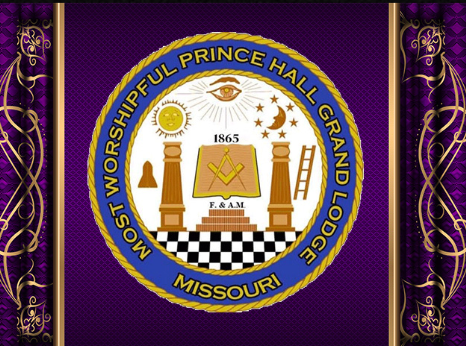 Seal of the Most Worshipful Prince Hall Grand Lodge of Missouri featuring symbols like an eye, sun, moon, stars, pillars, and a book, surrounded by a blue and gold ring.