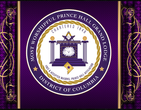 Seal of the Prince Hall Grand Lodge, District of Columbia, featuring a masonic emblem with square and compass, flanked by purple curtains with gold designs.