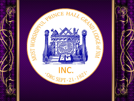 Seal of the Most Worshipful Prince Hall Grand Lodge of Illinois, featuring a throne with symbols and an open book, surrounded by gold text on a purple background with gold and purple decorative borders.