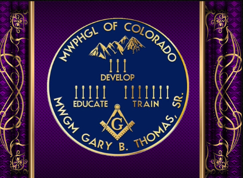 Seal of the Masonic Potentate of Colorado with mountains, candles, compass, square, and the words Develop, Educate, Train.