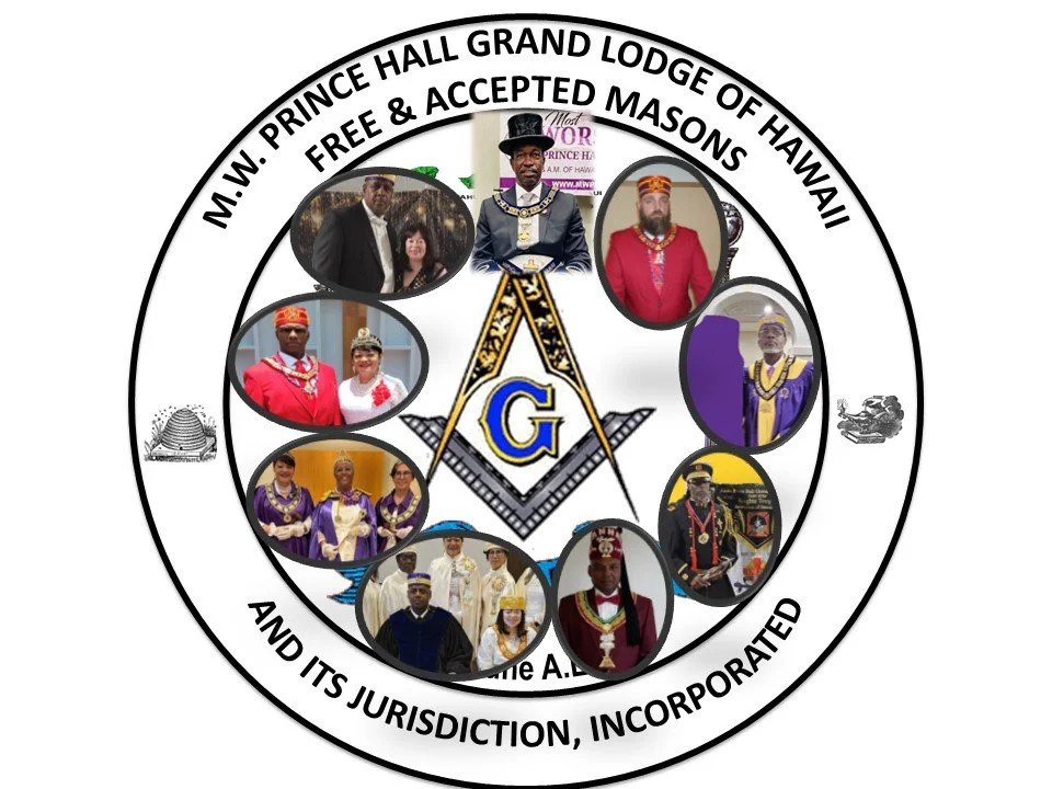 Emblem of M.W. Prince Hall Grand Lodge of Hawaii featuring photographs of lodge members, Masonic symbols, and text about free and accepted Masons.