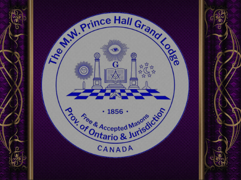 Emblem of the M.W. Prince Hall Grand Lodge, showing a chessboard with two columns, an eye, and celestial symbols, with gold decorative borders on a purple background.