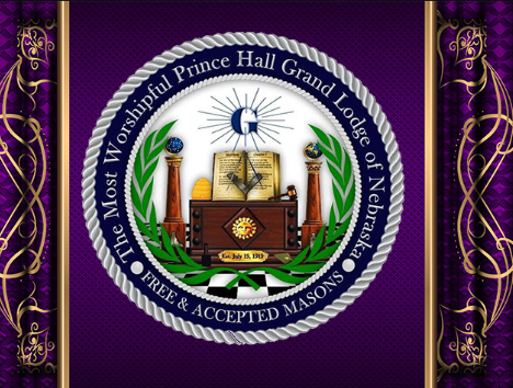 The emblem of the Worshipful Prince Hall Grand Lodge of Nebraska, featuring a central shield with a book, columns, and a compass, surrounded by a circular ribbon with the organization's name and motto.