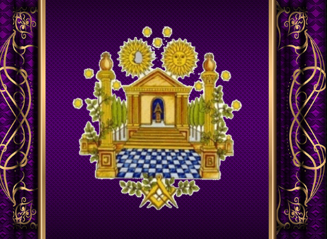A pixel art image of a temple with steps, flanked by trees and decorated with golden patterns and symbols, set on a purple background with ornamental borders.