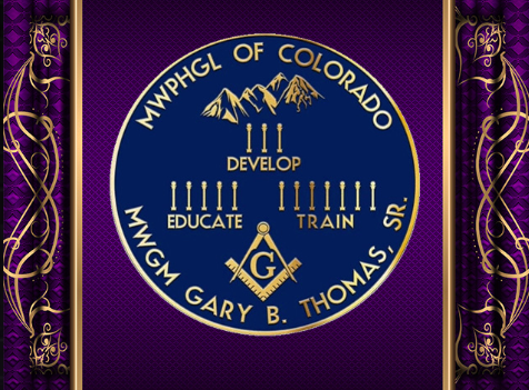 Seal for the Masonic Welcome Palace of Colorado, with symbols, mountains, and a compass.