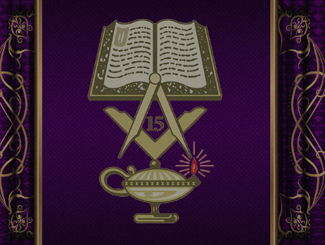 Illustration of a book, compass, and a diploma with the number 15, surrounded by ornate gold and purple designs.