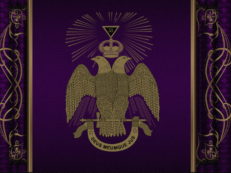 Golden double-headed eagle with a crown, holding a sword and scepter, on a purple background with ornate gold borders, featuring a Latin inscription.