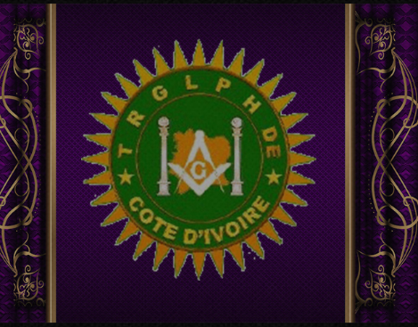The image shows a flag or banner with the emblem of the Gendarmerie of Côte d'Ivoire, featuring a yellow sunburst design, a green circle, and a central symbol with scales and a compass, surrounded by decorative purple and gold borders.
