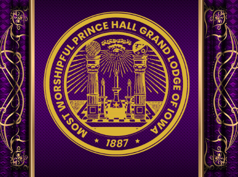 Purple and gold emblem of Worshipeful Prince Hall Grand Lodge of Troa, established 1887, with decorative gold and purple borders.