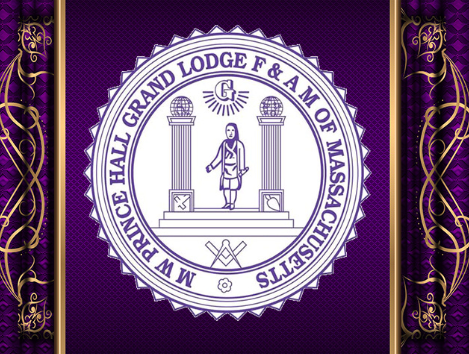 Seal of the M.W. Prince Hall Grand Lodge F&AM of Massachusetts with purple and gold decorative background.