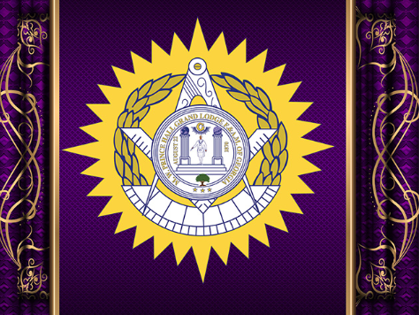 Masonic emblem featuring a square and compass with a central seal, surrounded by a yellow starburst on a purple background with decorative borders.