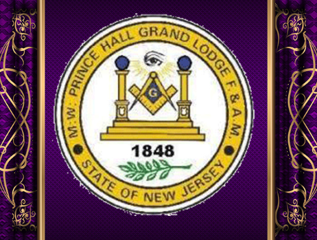 Emblem of the Prince Hall Grand Lodge F. & A. M. of New Jersey with the year 1848, featuring a Masonic square and compass in the center, surrounded by purple velvet decorations.