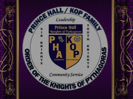 Emblem with text 'Prince Hall/Kop Family' and a shield with 'PHA' and 'KOP' initials, surrounded by slogans about leadership, community service, and brotherhood.