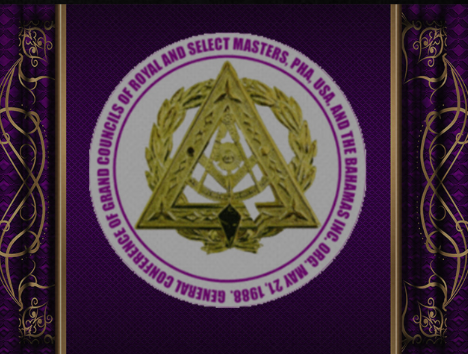 A circular emblem with a gold triangular design and a pyramid at the center, surrounded by a gold laurel wreath. The outer ring contains purple text on a white background, reading: "The Grand Council of Royal and Select Masters, PHA, USA, and the Bahamas Inc. 1986, General Conference, May 21-27, 1986." The background has intricate gold and purple designs on the sides.