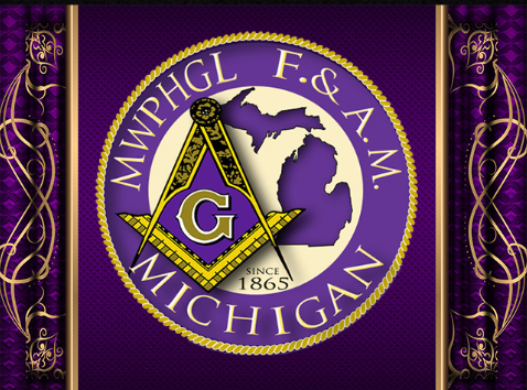 Seal of Michigan with Greek letters, a triangle, and a map of Michigan on a purple background with ornate borders.