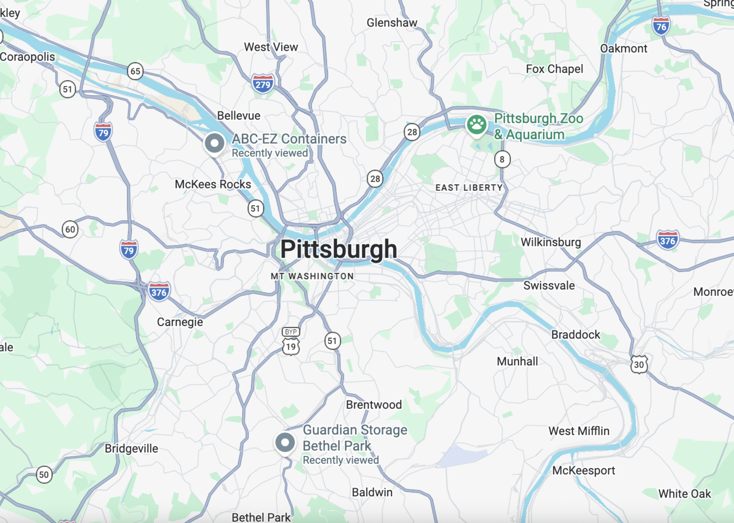 Map of Pittsburgh and surrounding areas showing highways, neighborhoods, and landmarks.