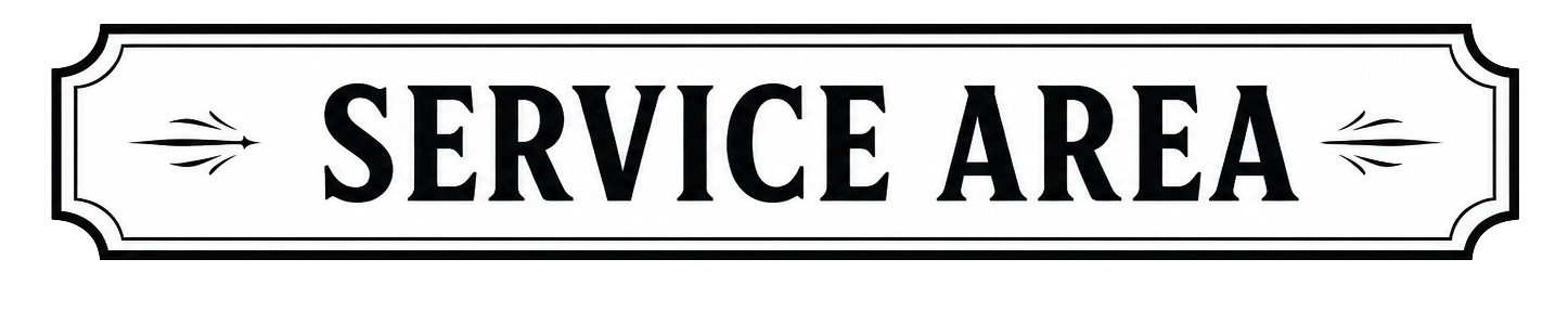 A black-and-white sign with the words 'SERVICE AREA' in large bold letters and decorative corner and arrow designs.