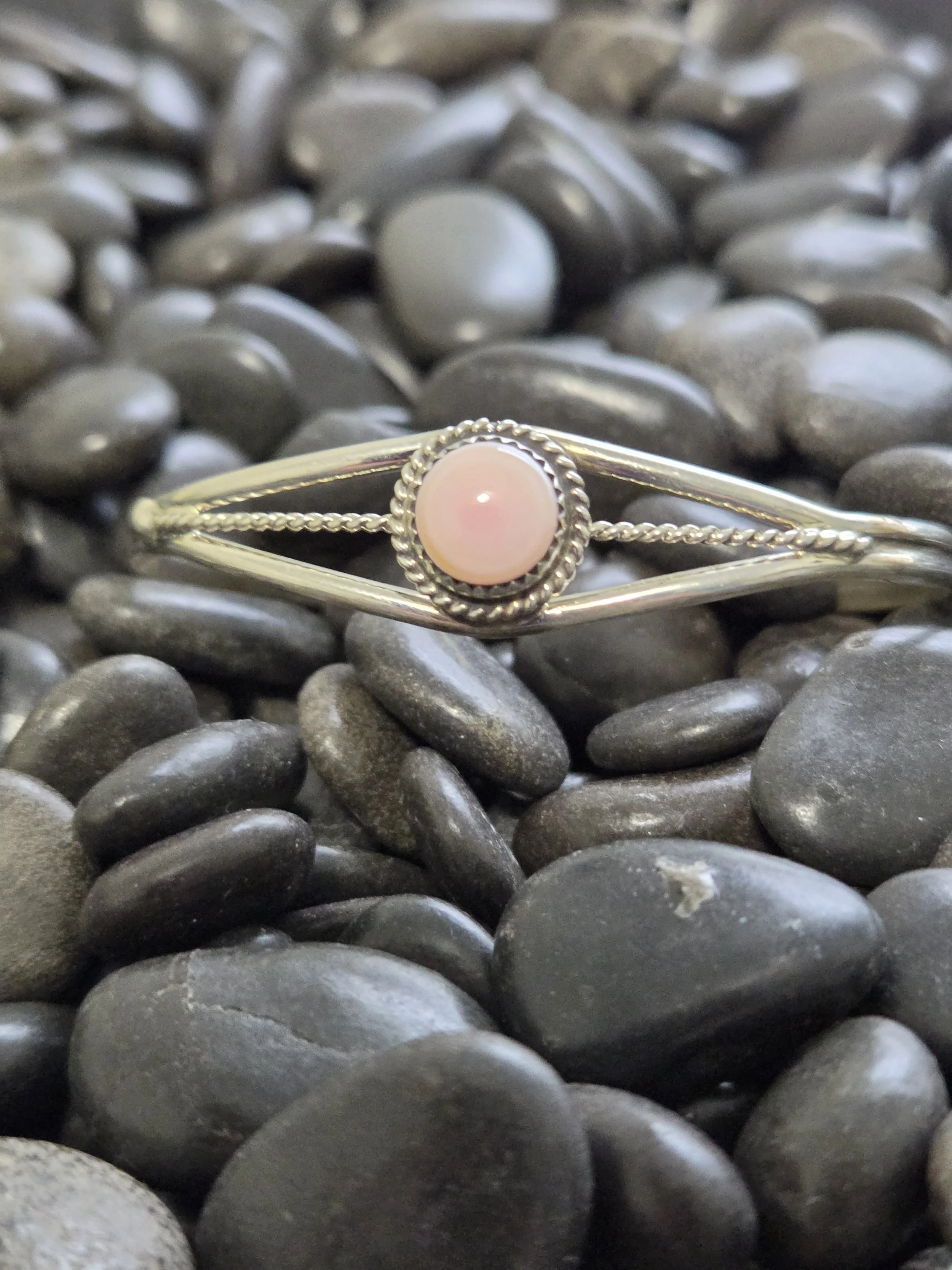 Sterling Silver Pink Conch Stone Shell Cuff - Native American