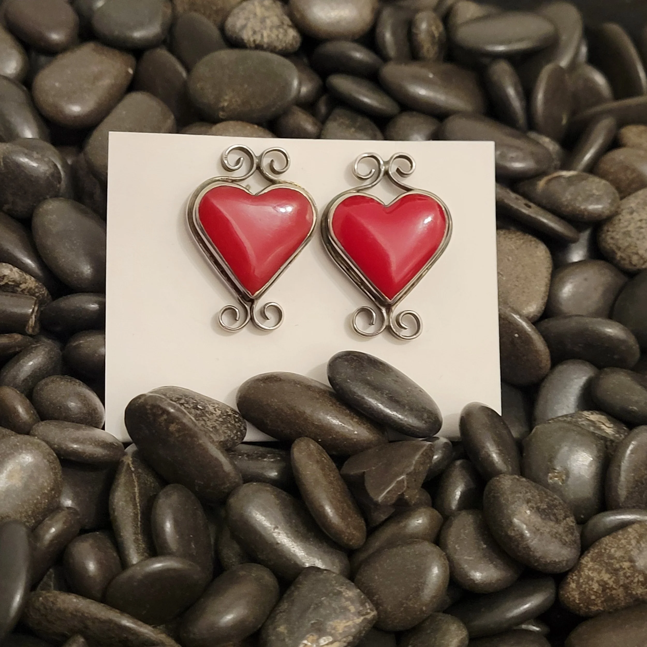 Sterling Silver Vintage Red Jasper Heart Taxco Earrings - Signed