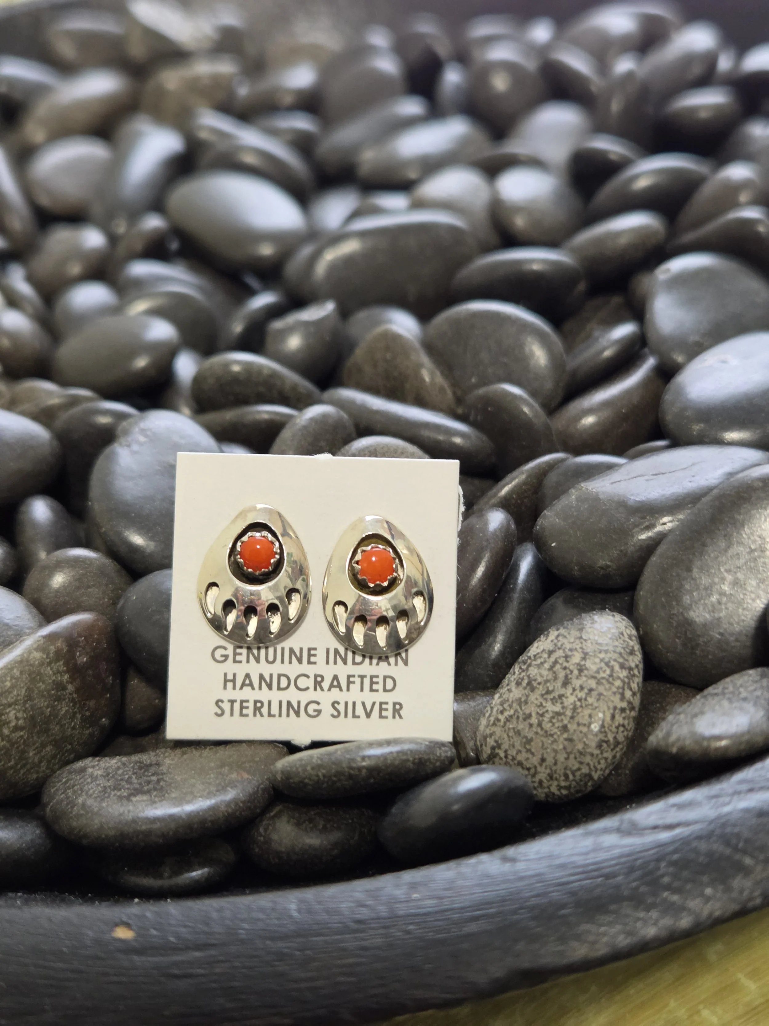 Sterling Silver Bear Paw Shadowbox Red Coral Earrings - Native American