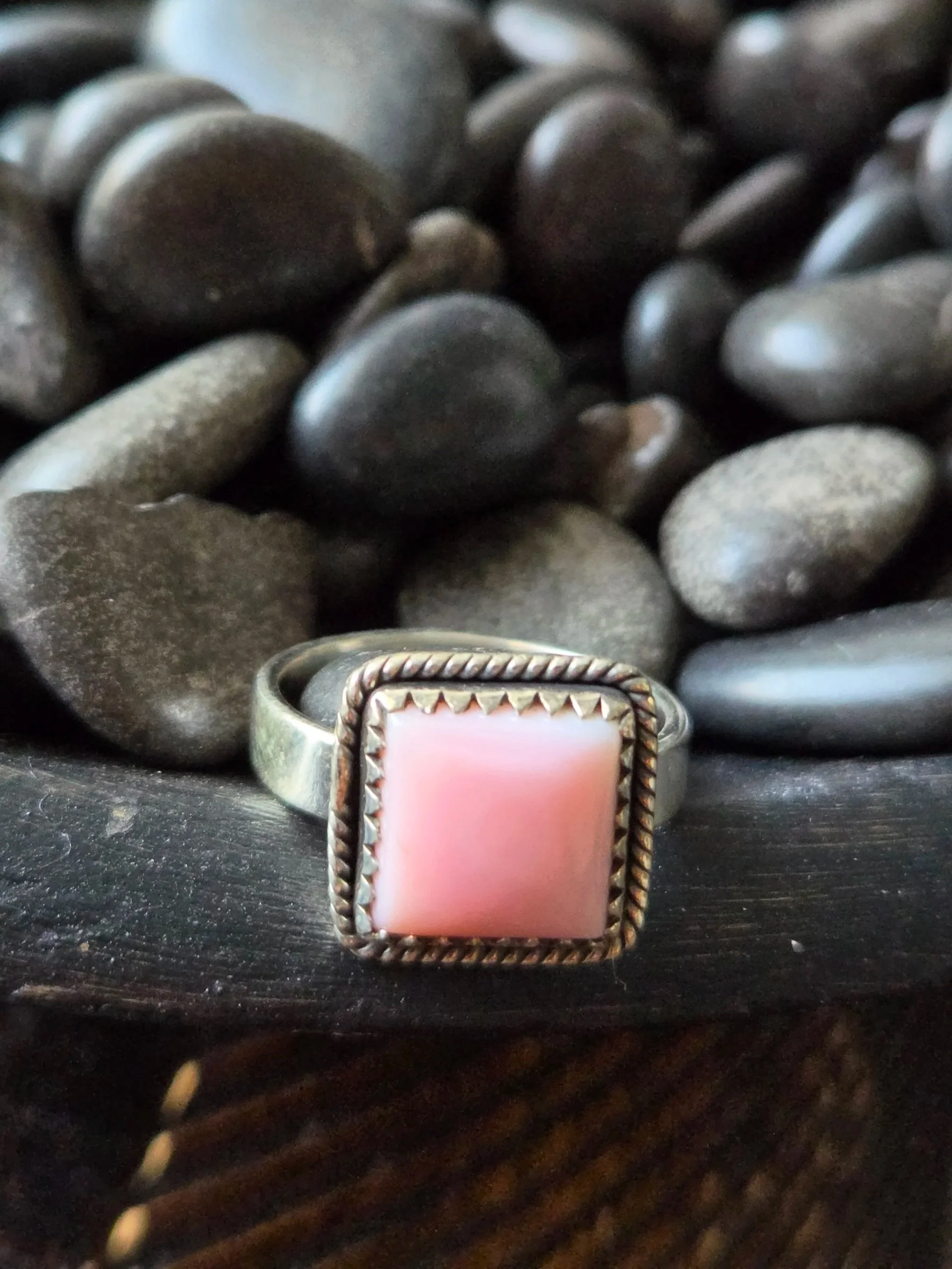 Sterling Silver Pink Conch Square Ring - Size 8