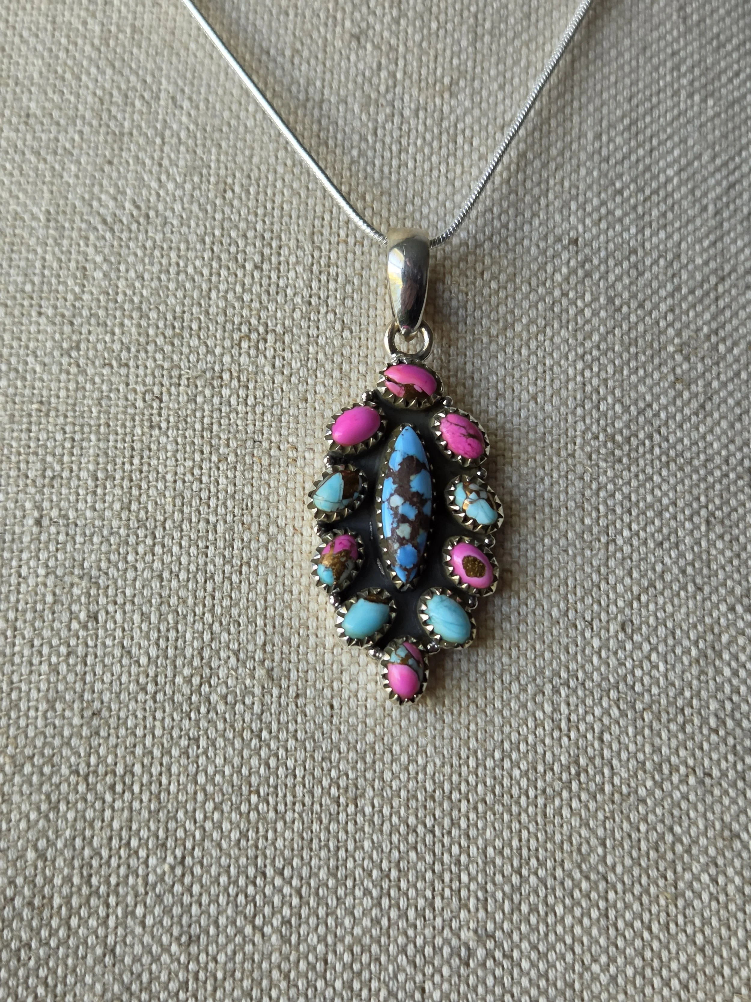 Sterling Silver Cotton Candy Dahlia with Golden Hills Turquoise Necklace