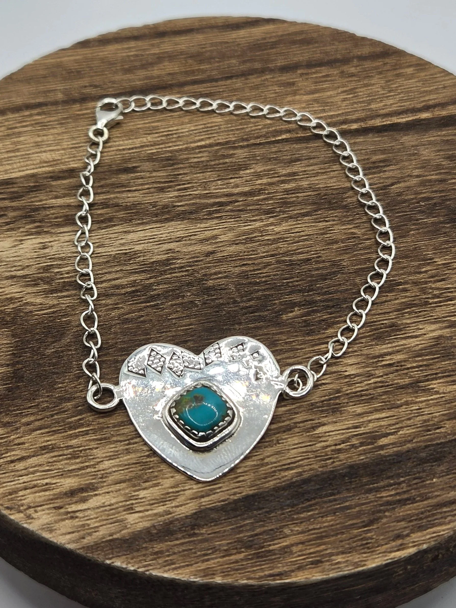 Sterling Silver 7"+ Kingman Turquoise Heart Clasp Bracelet