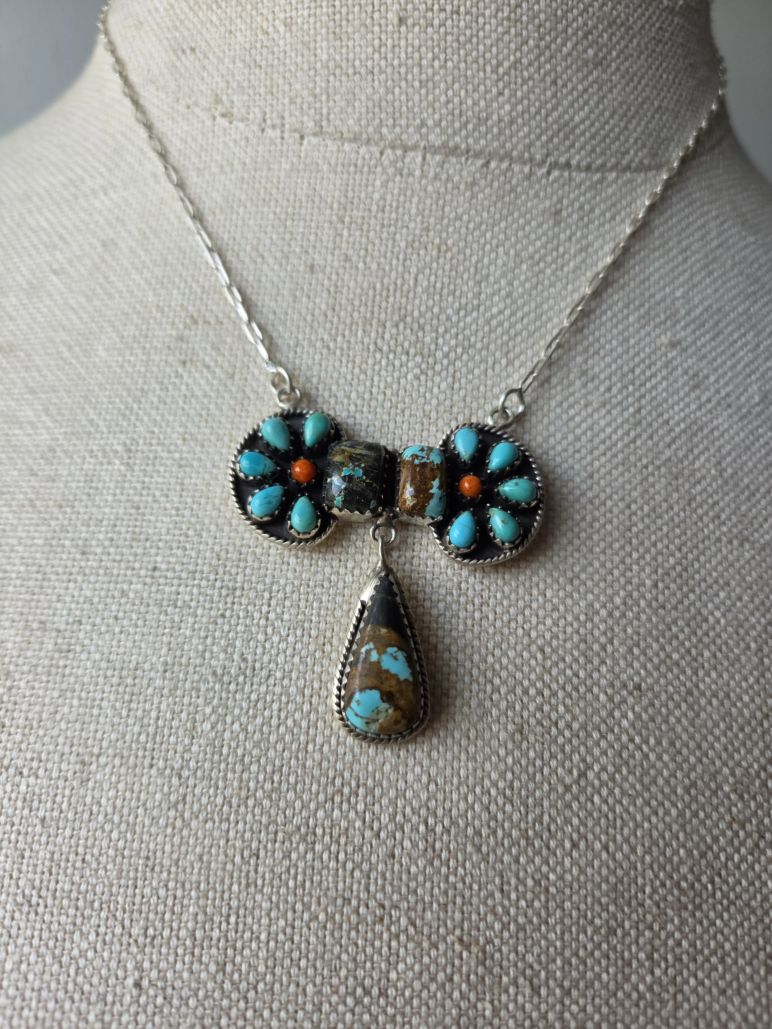 Sterling Silver Blackjack, Kingman Turquoise, Orange Spiny Necklace