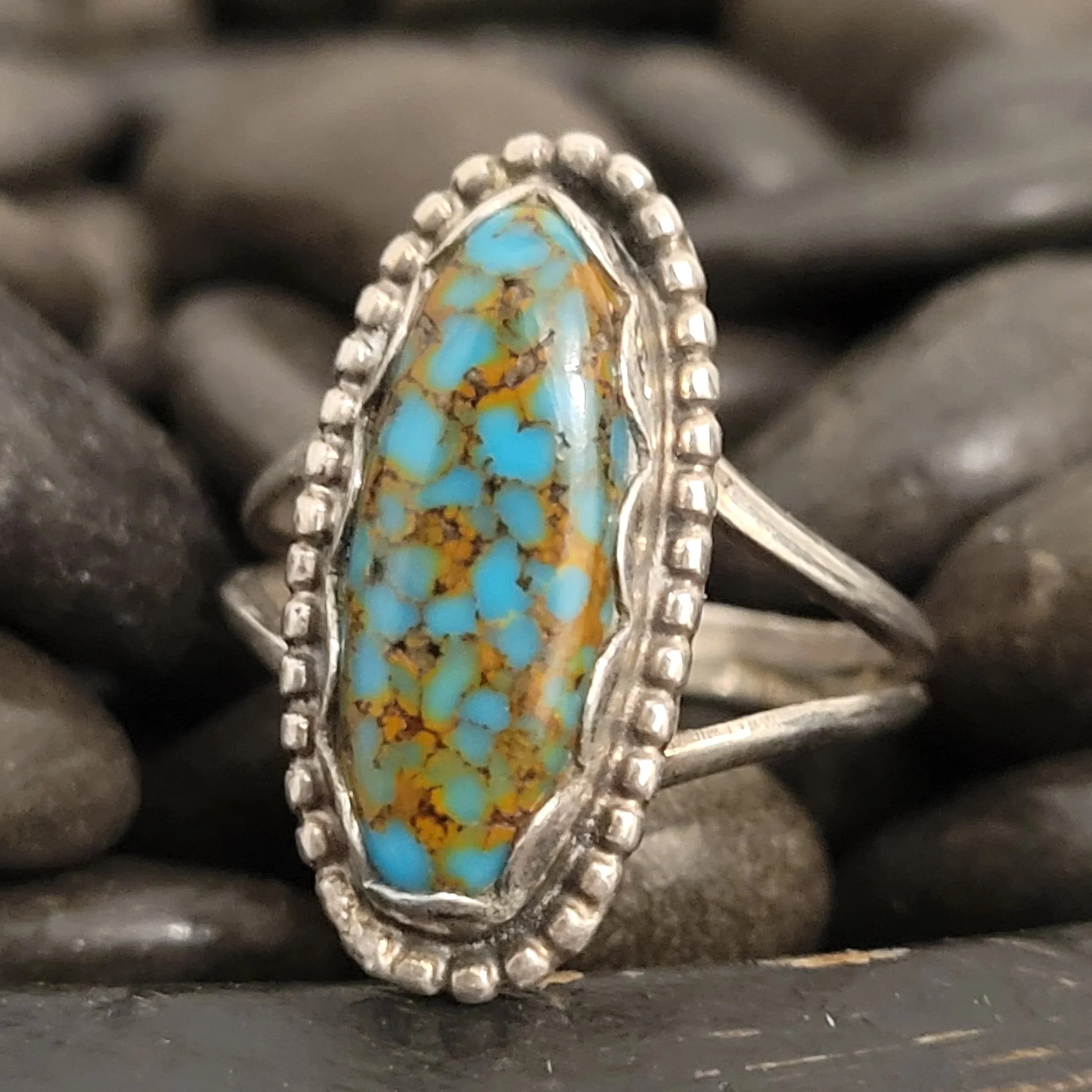 Sterling Silver Vintage Spiderweb Turquoise Ring