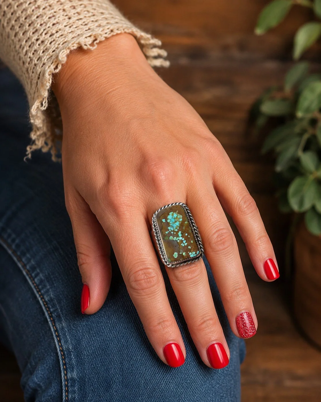 Sterling Silver Mine Number 8 Turquoise Slab Ring Sz 8 1/2 Adjustable - Native American