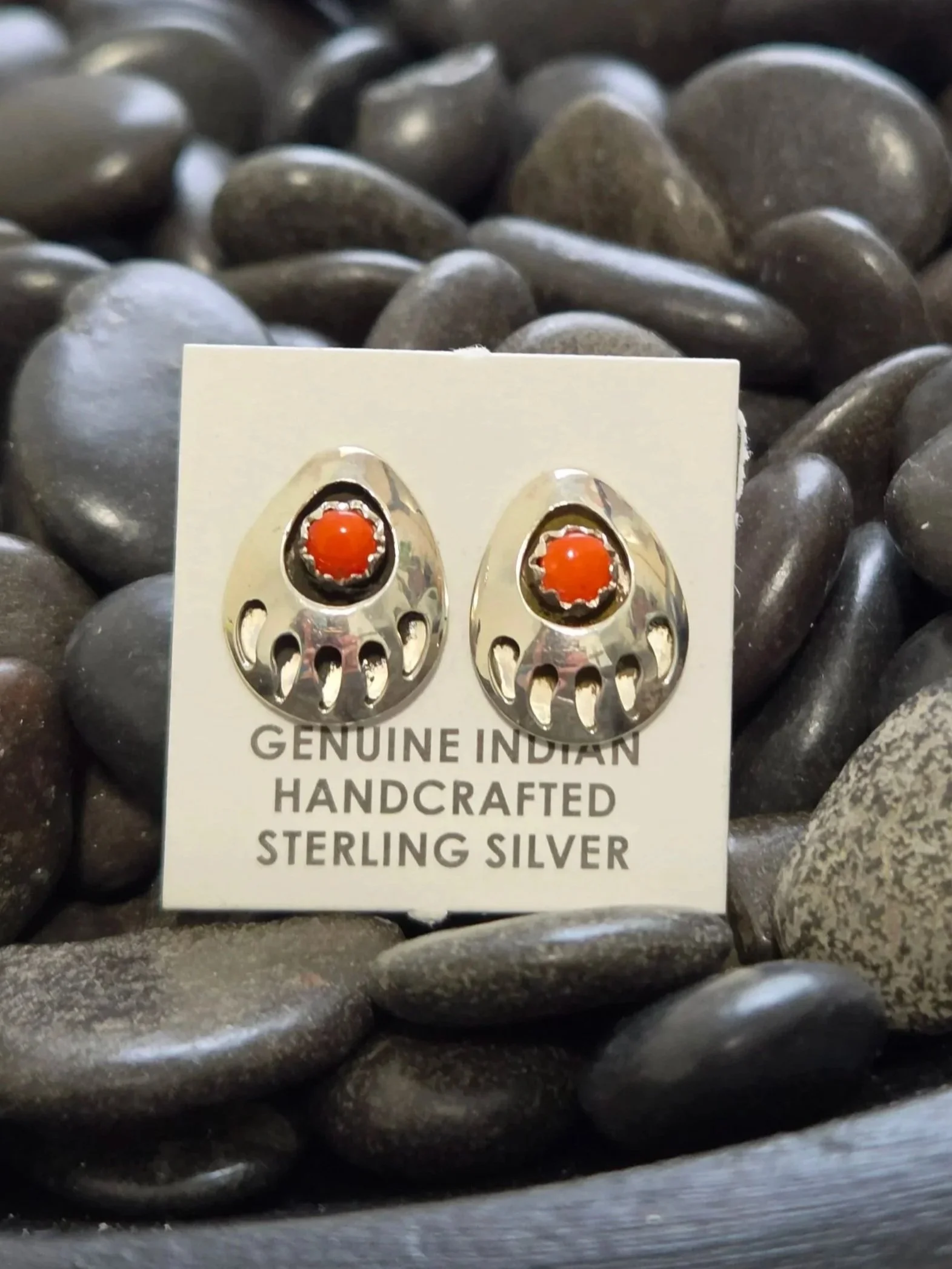Sterling Silver Red Coral Bear Paw Earrings