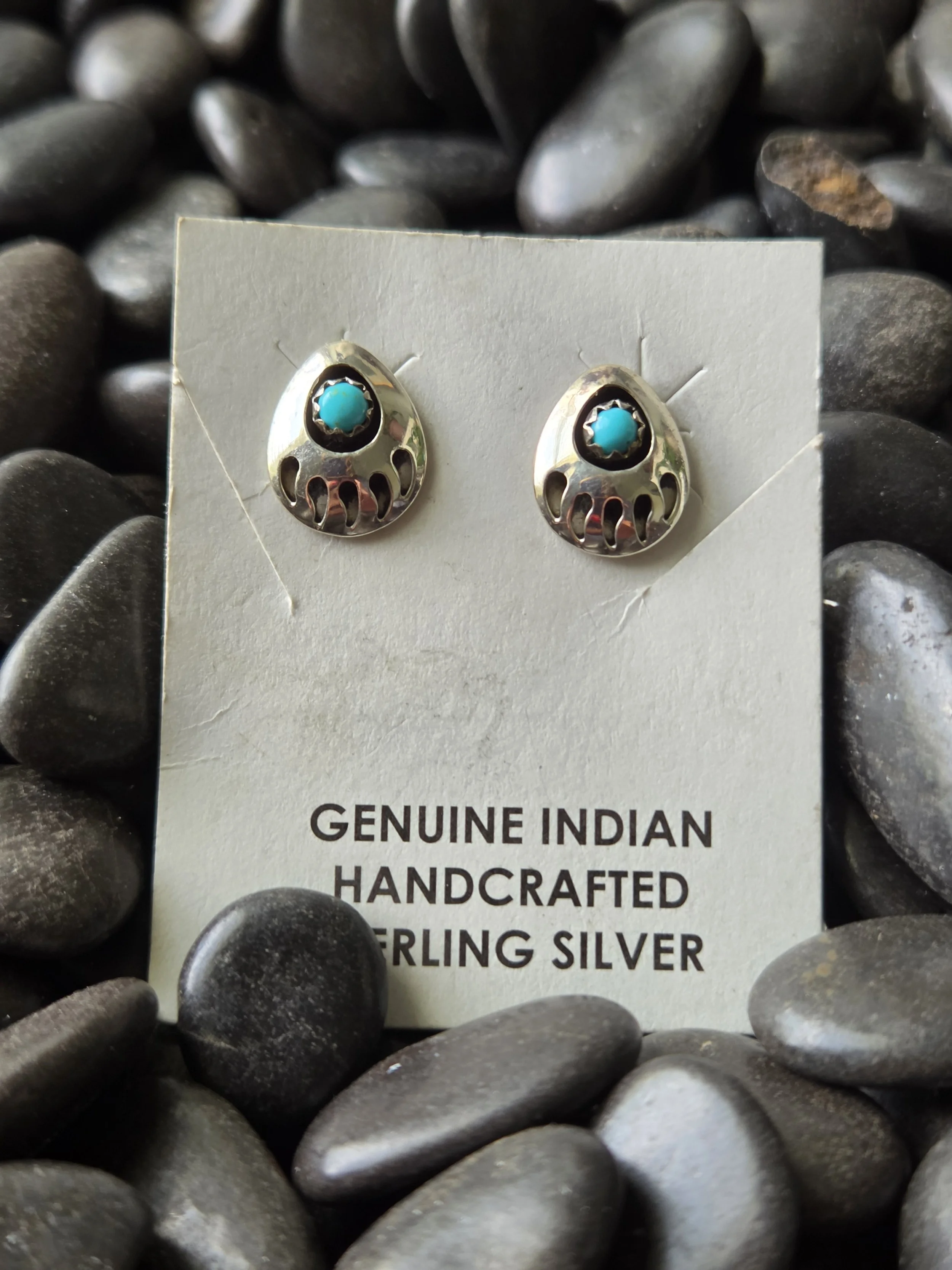 Sterling Silver Bear Paw Shadowbox Turquoise Earrings - Native American