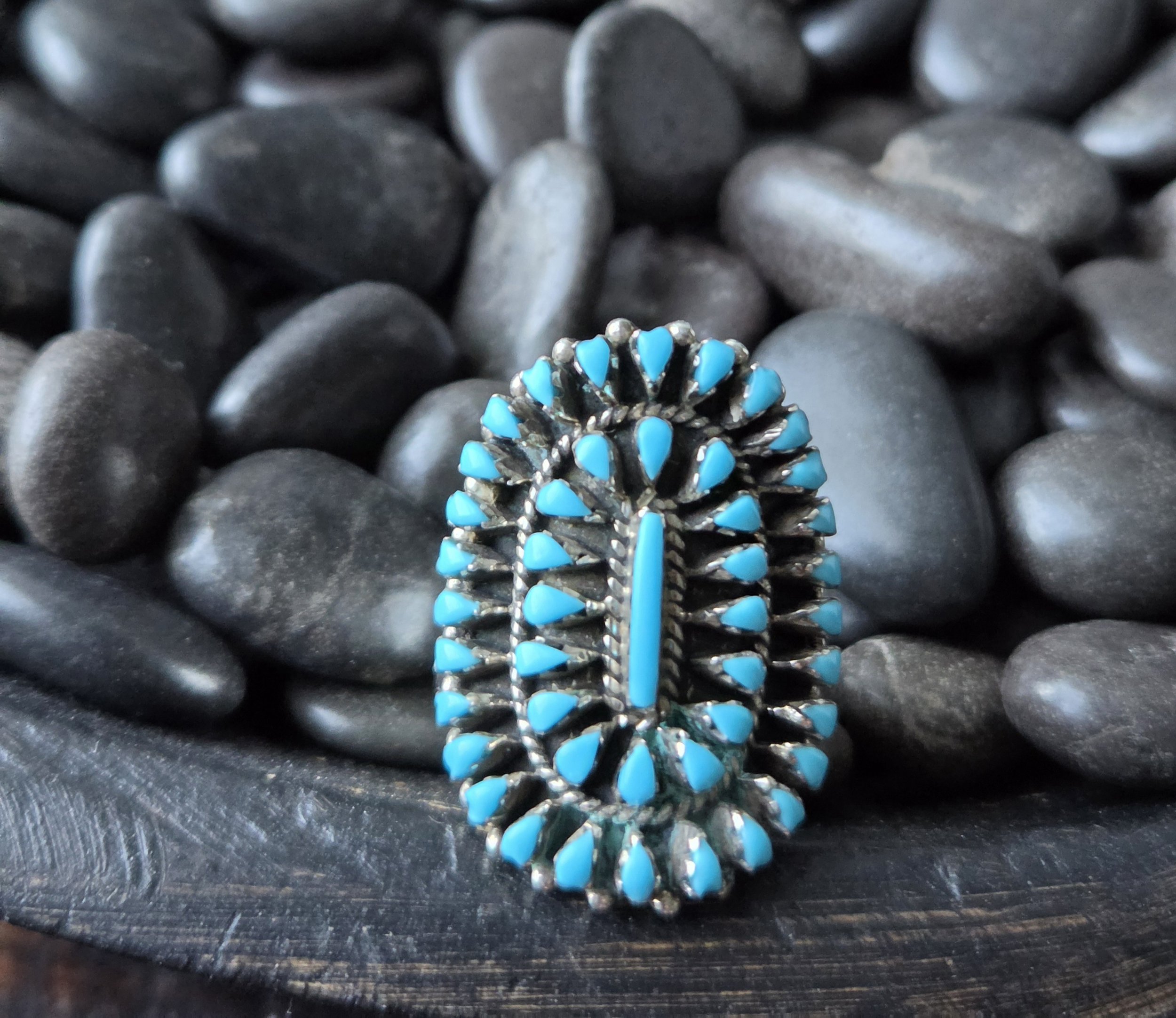 Sterling Silver NeedlePoint Turquoise Ring Sz 8 Adjustable - Native American