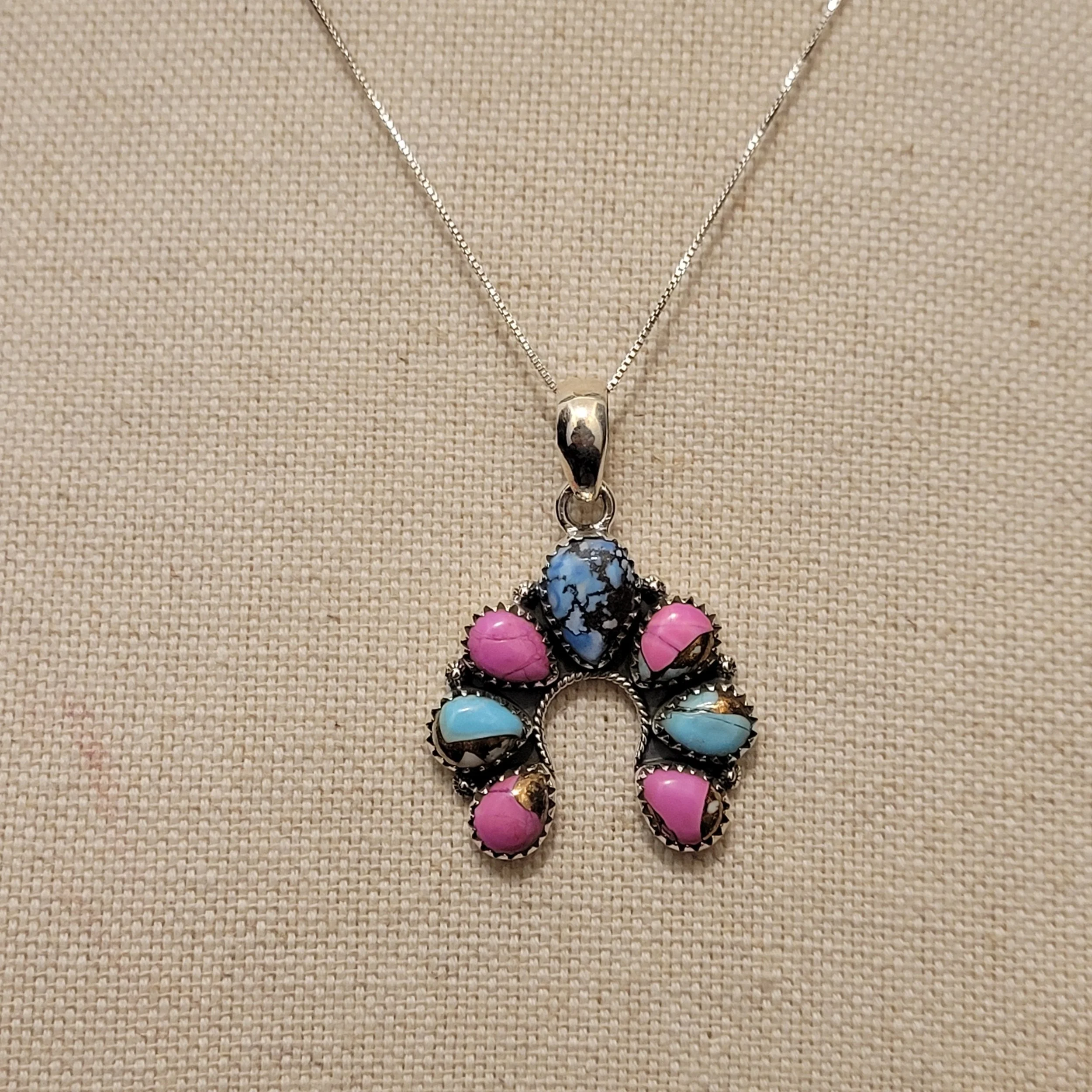 Sterling Silver Cotton Candy Dahlia with Golden Hills Turquoise Naja Necklace