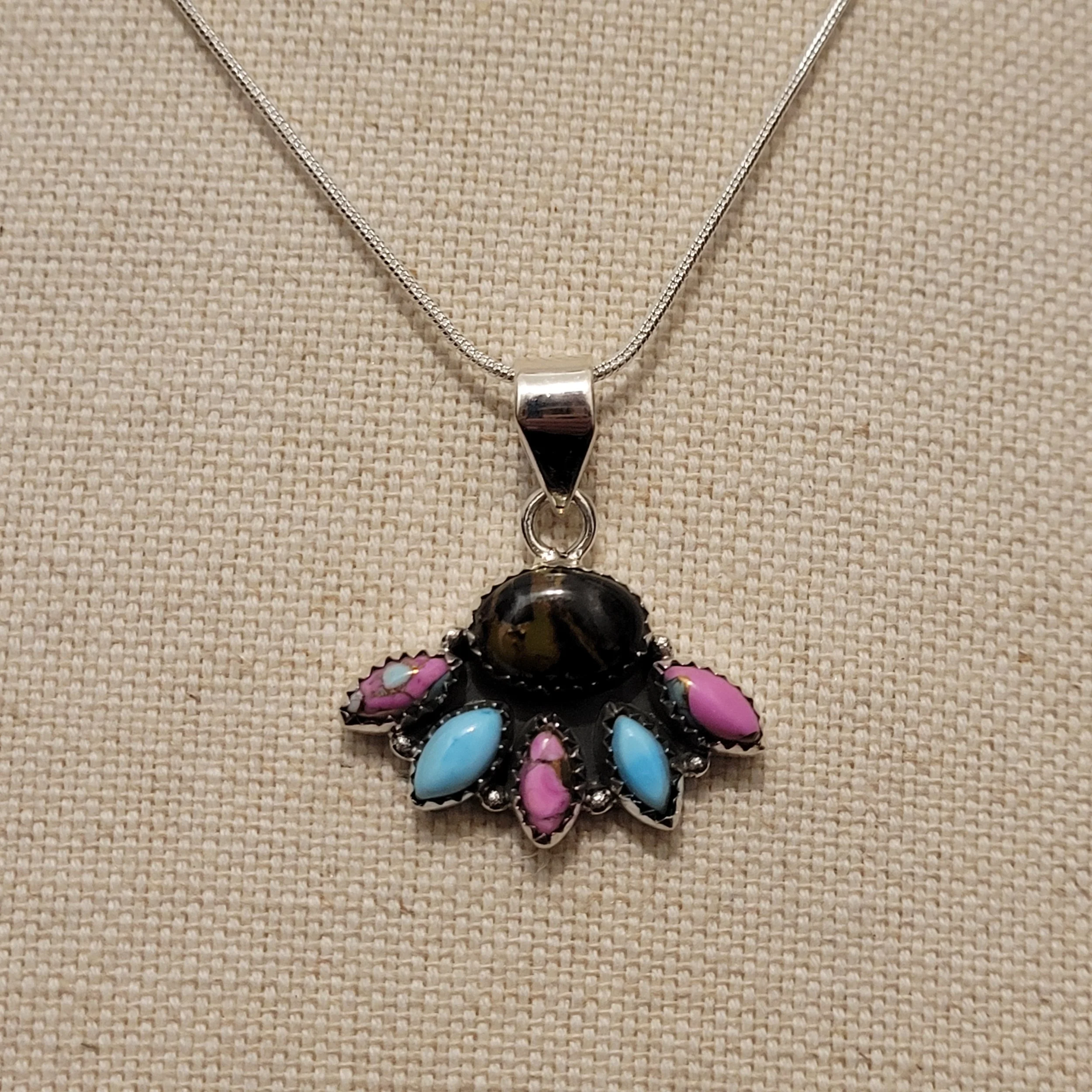 Sterling Silver Blackjack Turquoise Cotton Candy Dahlia BearPaw Necklace