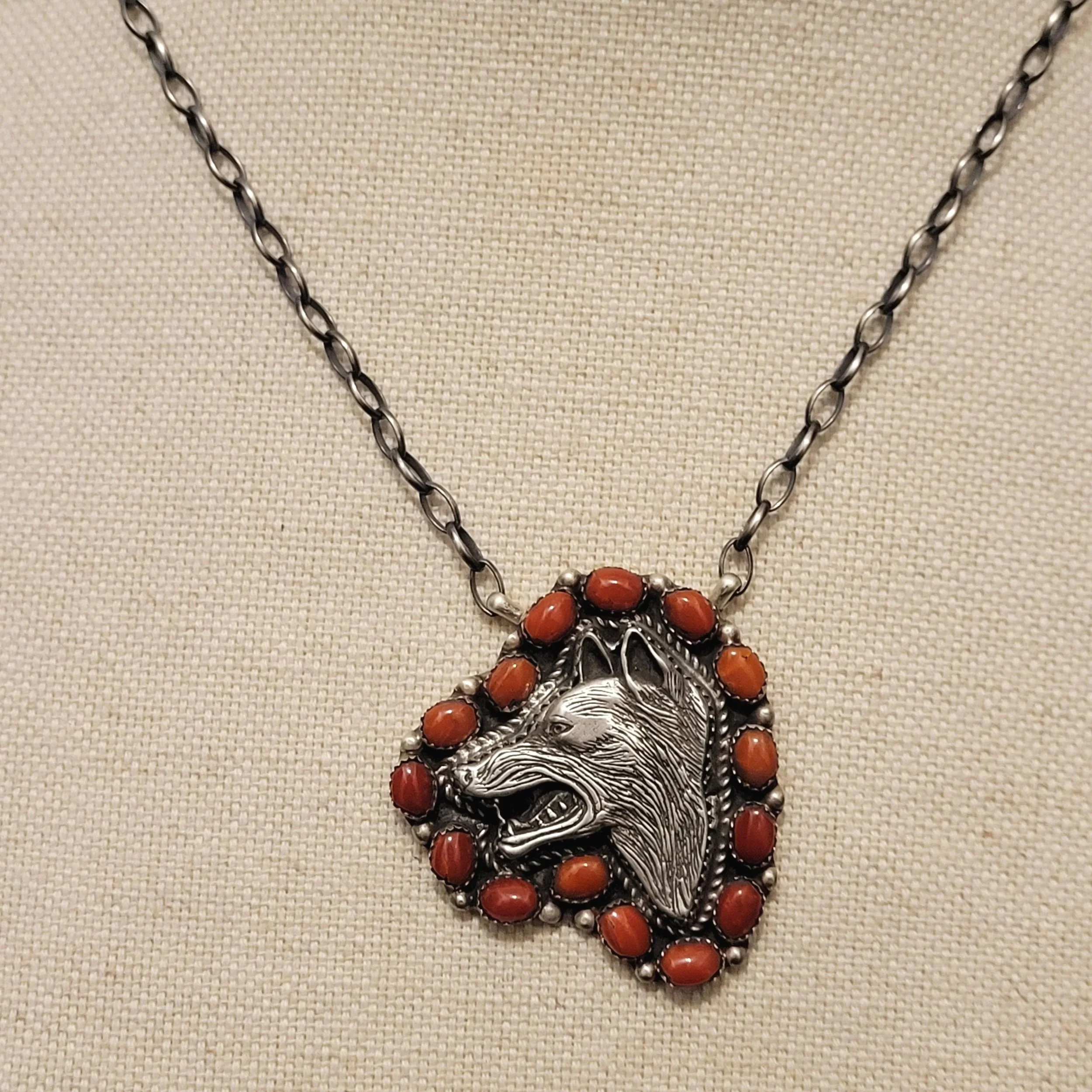 Sterling Silver Wolf Red Coral Necklace - Native American