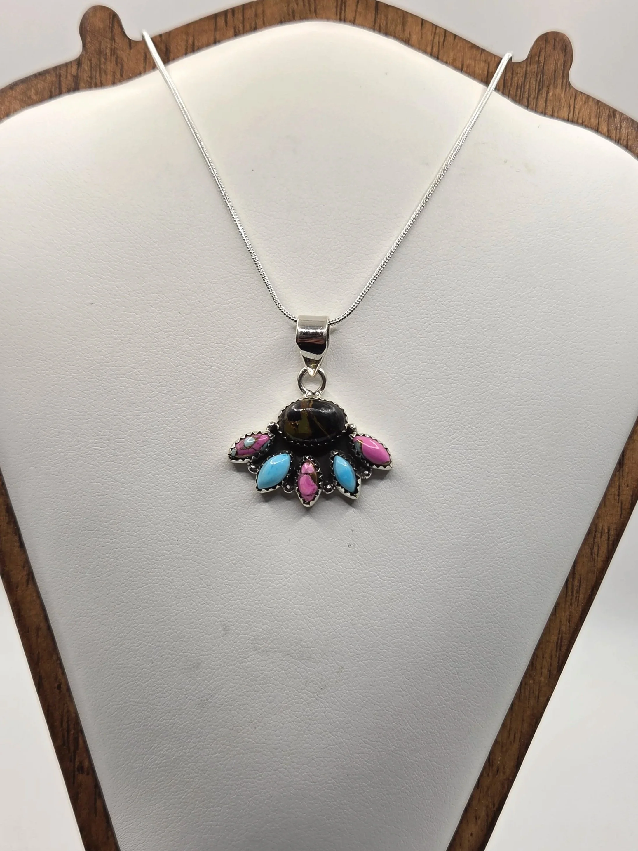 Sterling Silver Blackjack Turquoise Cotton Candy Dahlia Bear Paw Necklace