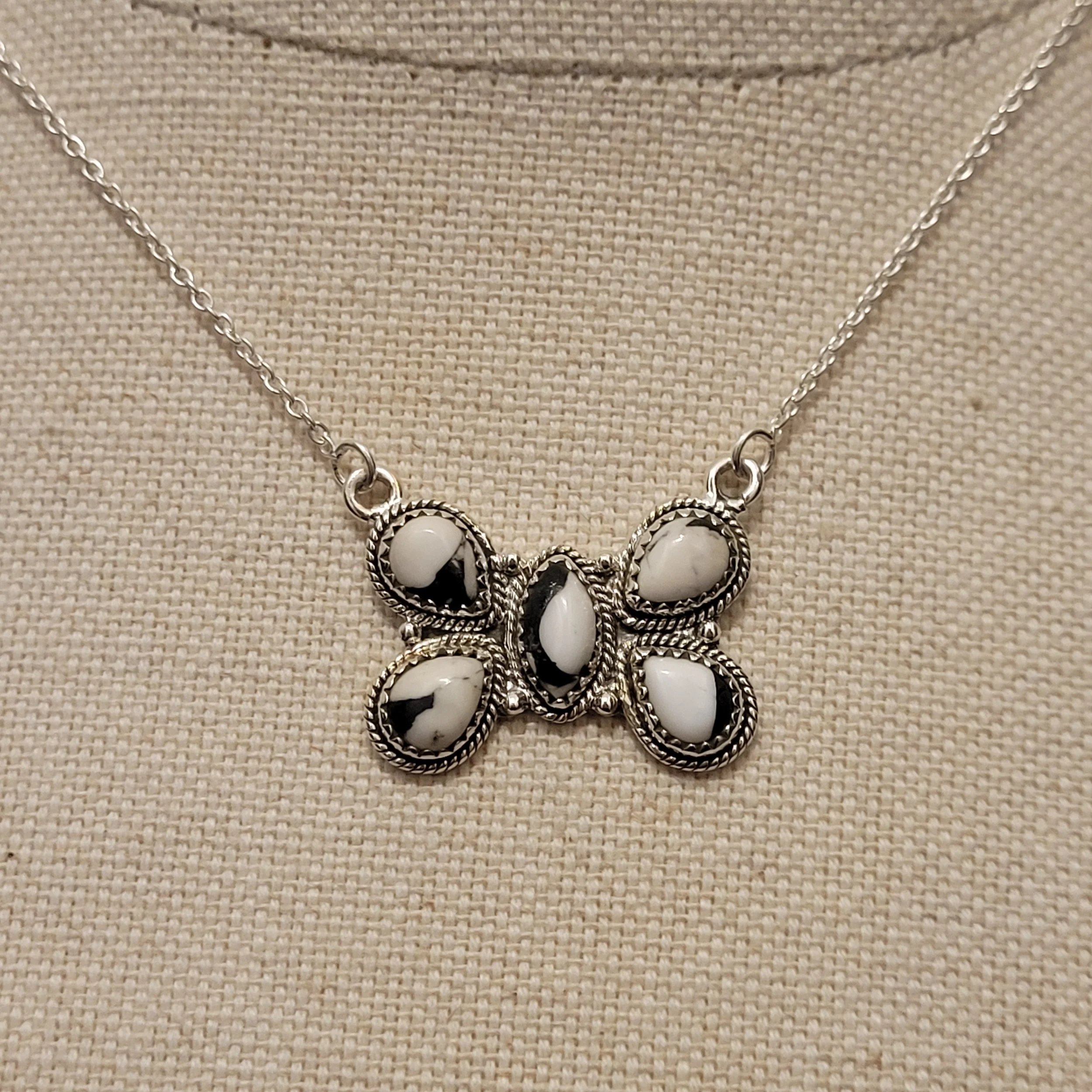 Sterling Silver White Buffalo Cluster Butterfly Necklace
