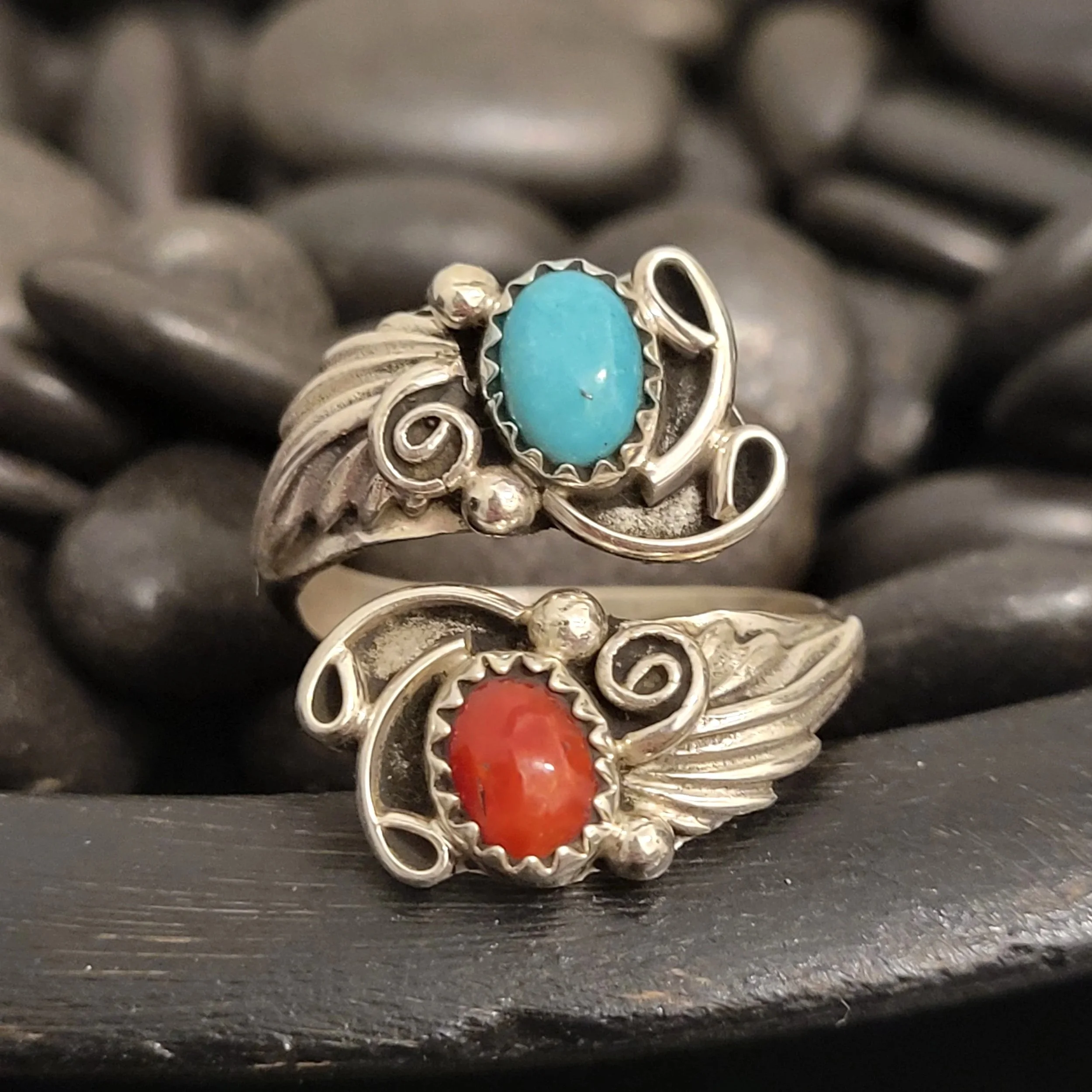 Sterling Silver Turquoise & Red Coral Bypass Ring
