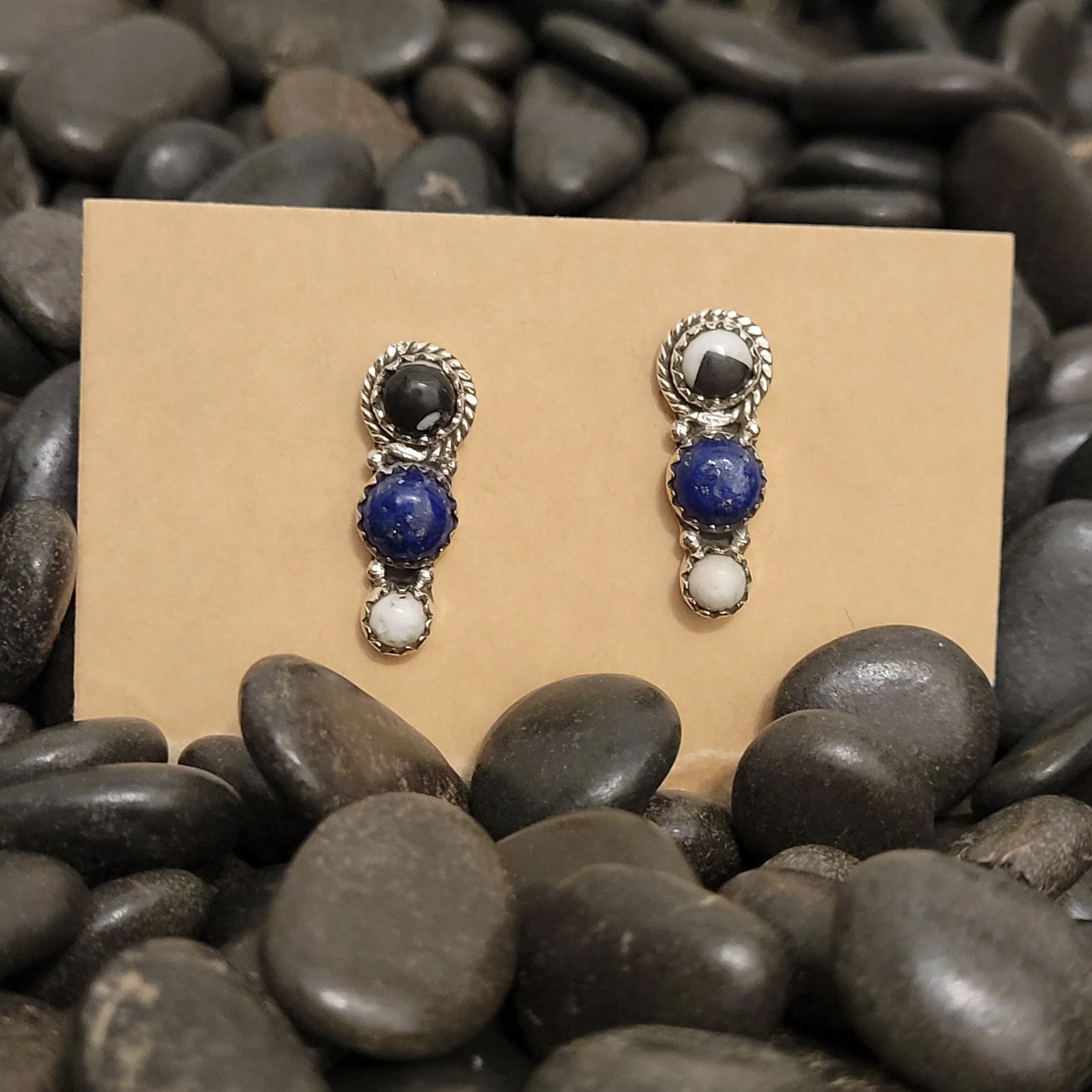 Sterling Silver White Buffalo Lapis Lazuli Triple Stone Earrings